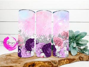 Purple and Pink Flower Tumbler with Diamonds